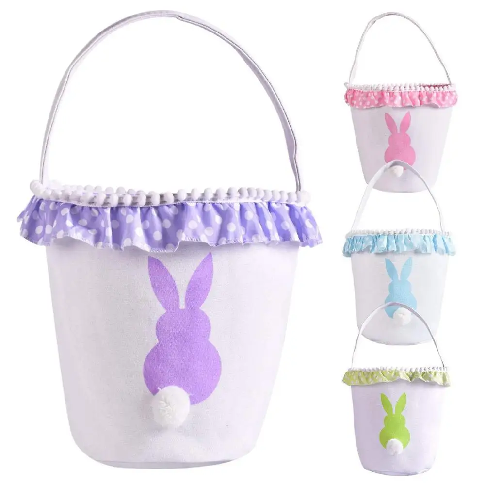 Пасхальная детская корзина для конфет в горошек с кружевом и милым кроличьим
