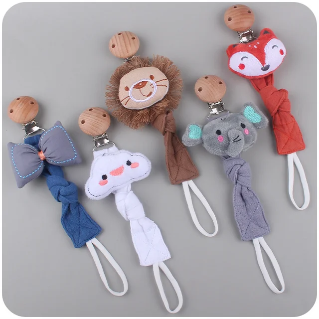 New baby products beech wood pacifier clip lion animal style cotton linen ribbon pacifier rope baby pacifier chain