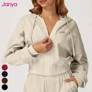 Janya Wholesale Short Casual Sportswear Hoodie Windproof Warm Long Sleeve Sweatshirts Full Zipper Hooded Sports Jacket for Women