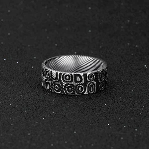 Wood Grain Abstract Black Handmade Unique Damascus Steel Ring Etched Wedding Band Gift for Him