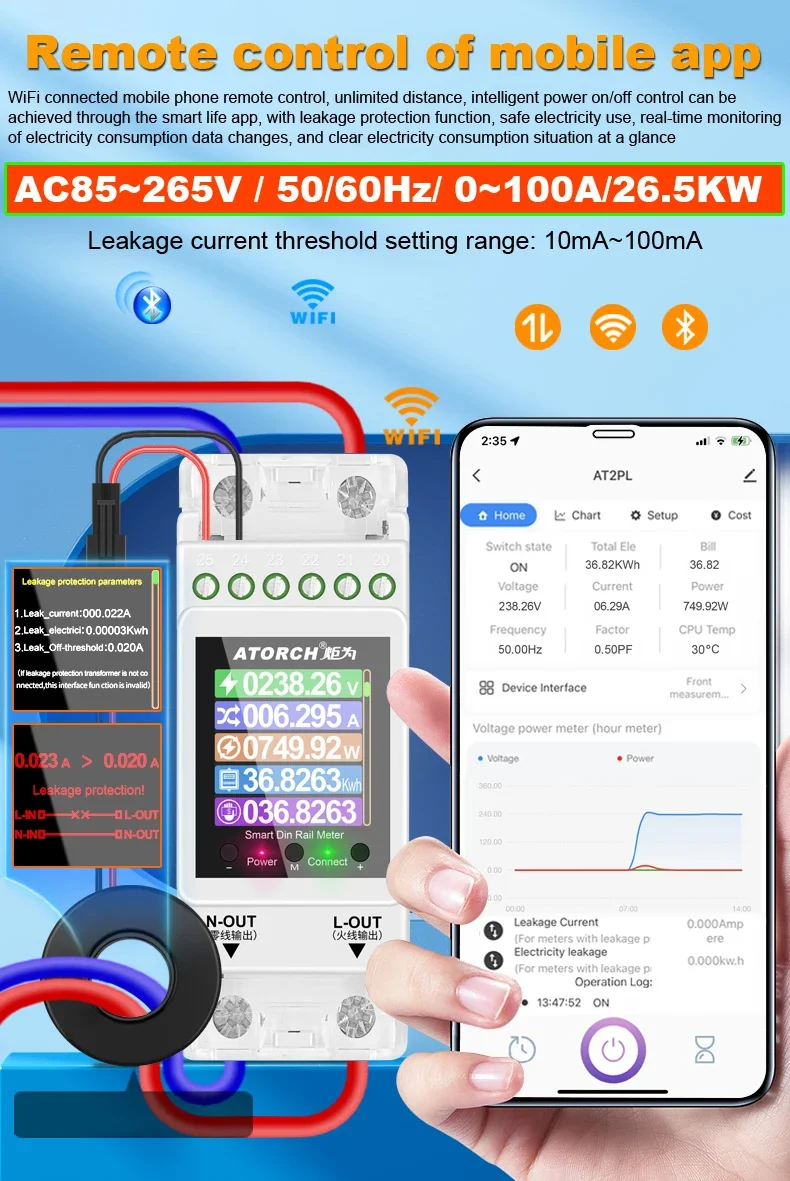 AT2PW 100A Tuya WIFI Din Rail Energy Meter Smart Switch Remote Control AC 220V 110V Digital Volt Amp Kwh Frequency Factor Meter