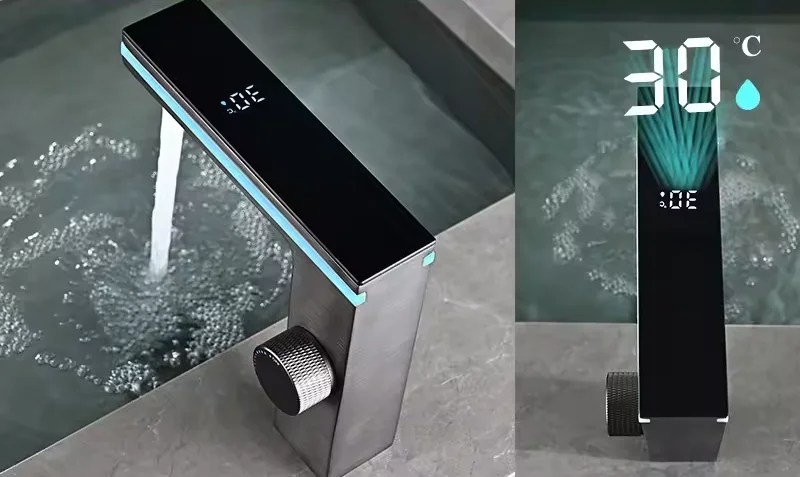 LED Intelligent Digital Temperature Display Hydroelectric Power Smart Surround Atmosphere Brass Aluminum Bathroom Basin Faucet