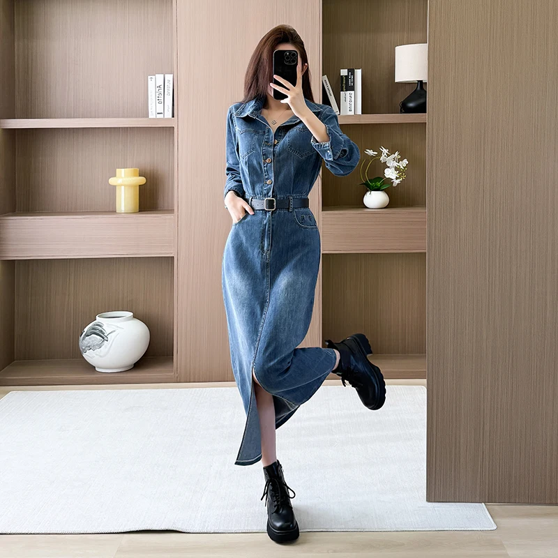 Casual Women's Denim Jeans Dress Garment Sashes Slit Button Natural  Waistline Full Sleeve Midi Length Garment Dyed Straight