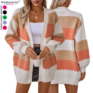 Wholesale Luxury Knitwear Open Front Stripe Sweater Textured Warm Hues Color Block Long Sleeve Knitted Cardigan Women