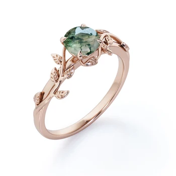 For Gift Dreamy Wholesale Fashion Jewelry Round Cut Moss Green Agate Solitaire Ring Engagement Wedding Promise Dainty Rings