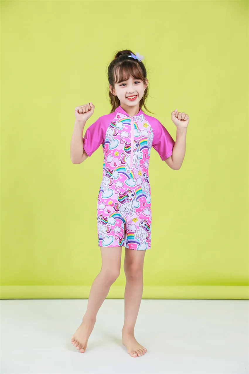 Kids Swimsuit 2024 Girls Swimsuit Cover Up Unicorn Design Short Sleeve ...