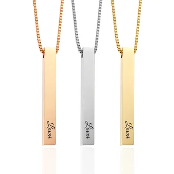 Personalized Engraved Name Necklace 18K Gold Plated 3D Vertical Steel Bar Pendant Necklace for Women Men
