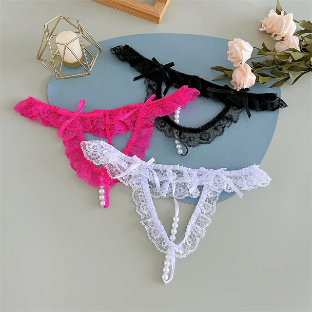 Finetoo Sexy Women Lace Erotic Crotchless Pearls Comfortable Daily Lace Thongs Floral Pattern 4216