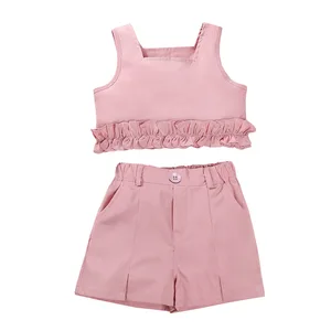 Wholesale Cute Lace Top Shorts Set for Girls Kids Casual Wear with Solid Pattern Toddler Girls Clothing