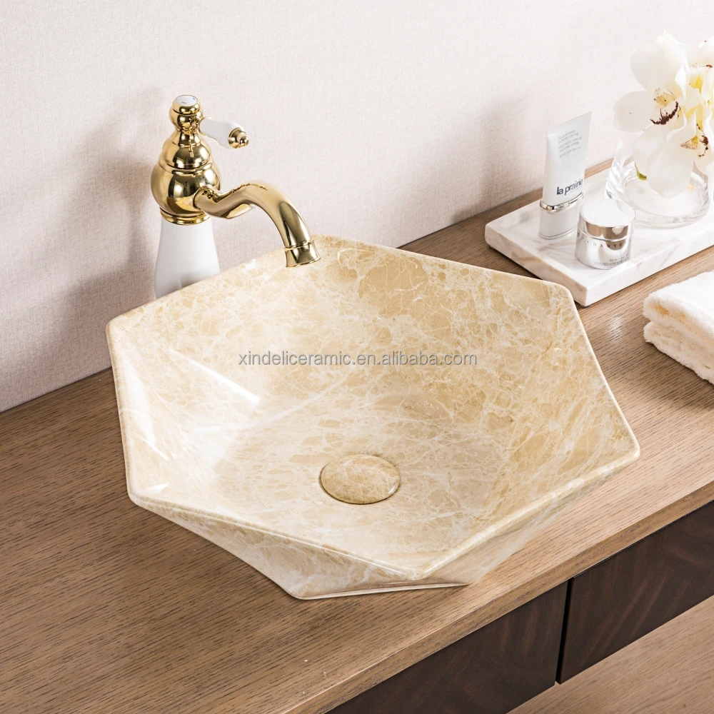 Hexagon Marble Ceramic Wash Basin Lavabo Bathroom Granite Colored Sinks
