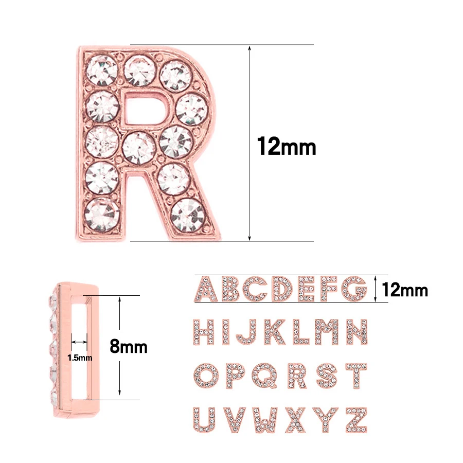 Rose Gold 8mm Slide Charms Letters for Jewelry Making Women Bracelet Alphabet A-Z Pet Collar Necklace DIY Accessories Gift