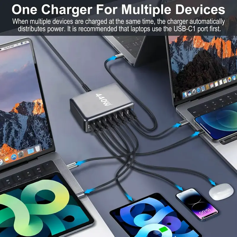 440W GaN台式充电器8端口USB C型PD 100W快速集线器充电器3.0 USB C型手机440W USB电源充电器站