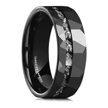 Ouyuan Wholesale 8mm Tungsten Carbide Meteorite Rings for Men Black Wedding Band Brushed Hammered Promise Rings Comfort Fit