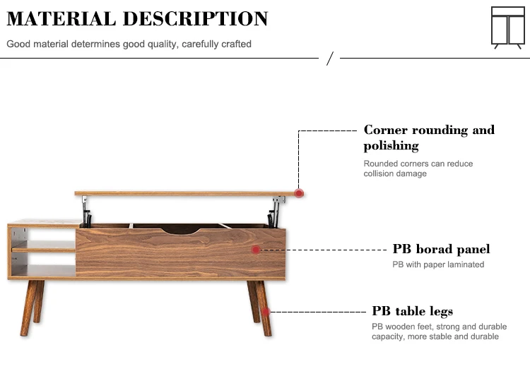 Living room furniture modern lift up coffee table multifunction adjustable extendable pop up lift top coffee table