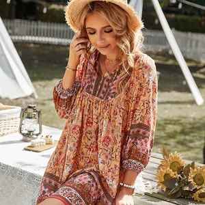 Custom Women's Vintage Floral Printed Bohemian A-Line Dress Summer Casual Pleated V-Neck Long Sleeves Loose Fitting Natural