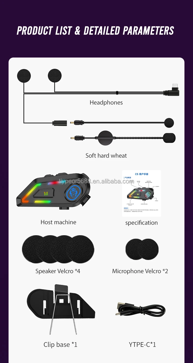 product tiypeor wireless earbuds with mic rgb light handsfree headset voice assistant intercom waterproof motorcycle helmet headphones-10