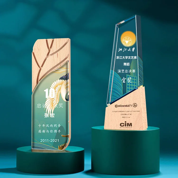 Wholesale Cheap Personalized Plaque Award Design Custom Logo Small Wooden Crystal Trophy