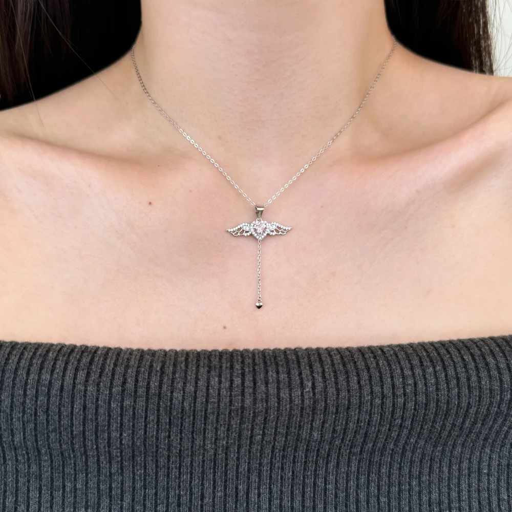 KAKODIY Elegant and Exquisite Fashion Jewelry 925 Sterling Silver Chain 5A Cubic Zirconia Tassel Heart Wings Angel Love Pendant Necklace detail 2