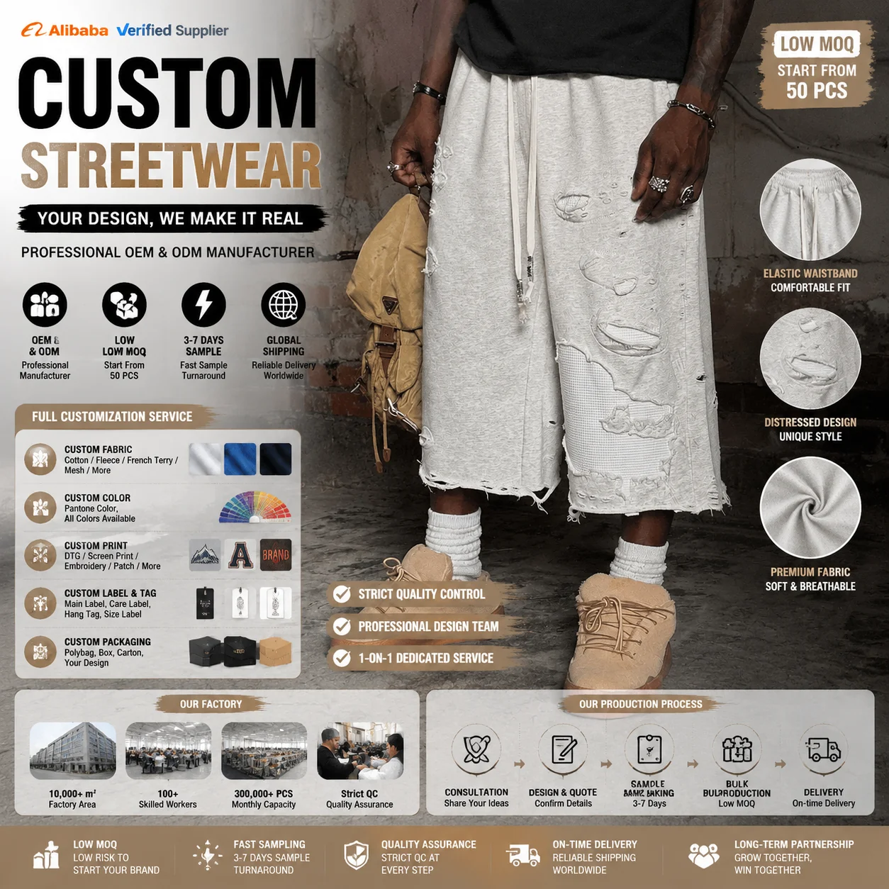 Summer Custom Men's Oversized Knee Length Raw Hem Ripped Distressed Baggy Jogger Sweat Shorts Man