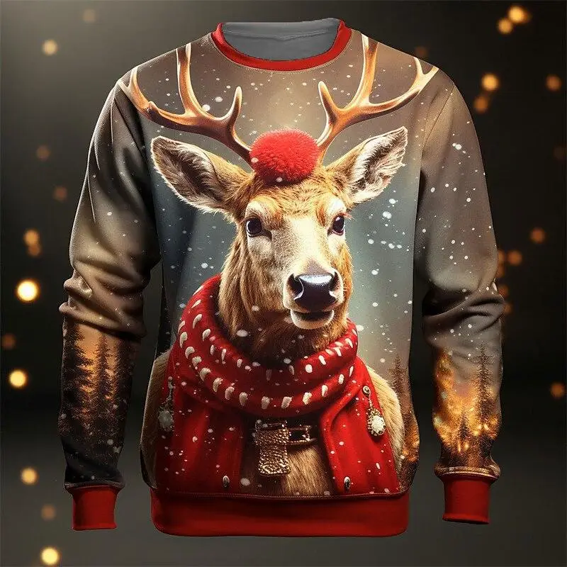 2024 autumn new men's printed long sleeve hoodie T-shirt 3d moose pattern personality style round neck top