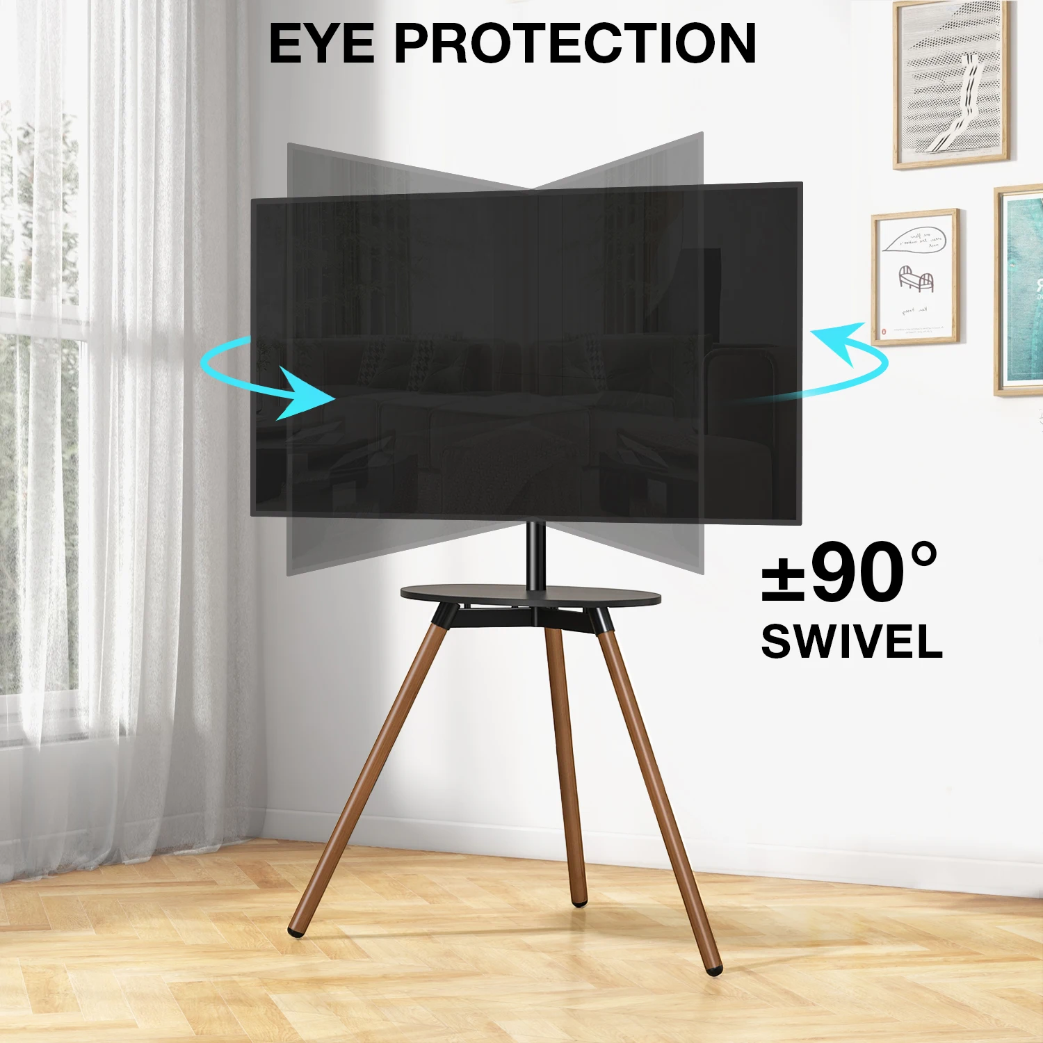 Alloy Steel with Heat Transfer Printing Walnut Tripod Stand, Easel TV Mount with Three Legs and Elliptic MDF Sounder Bar Shelf