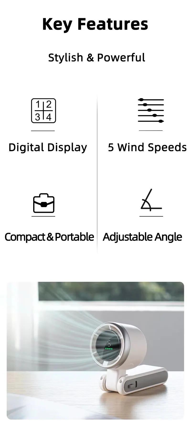 Lonvel N607 High-Speed Mini Hanging Neck USB Charging Fan Handheld Digital Display Easy-to-Carry Folding Design Table