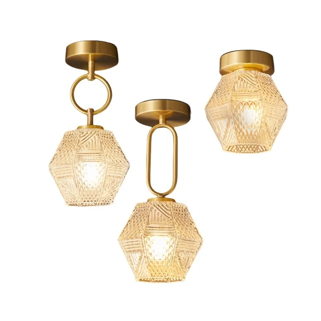 Luxury Copper Glass Led Lampada Small Ceiling Light Villa Home Balcony Staircase Indoor Deco Simple Ceiling Lamp
