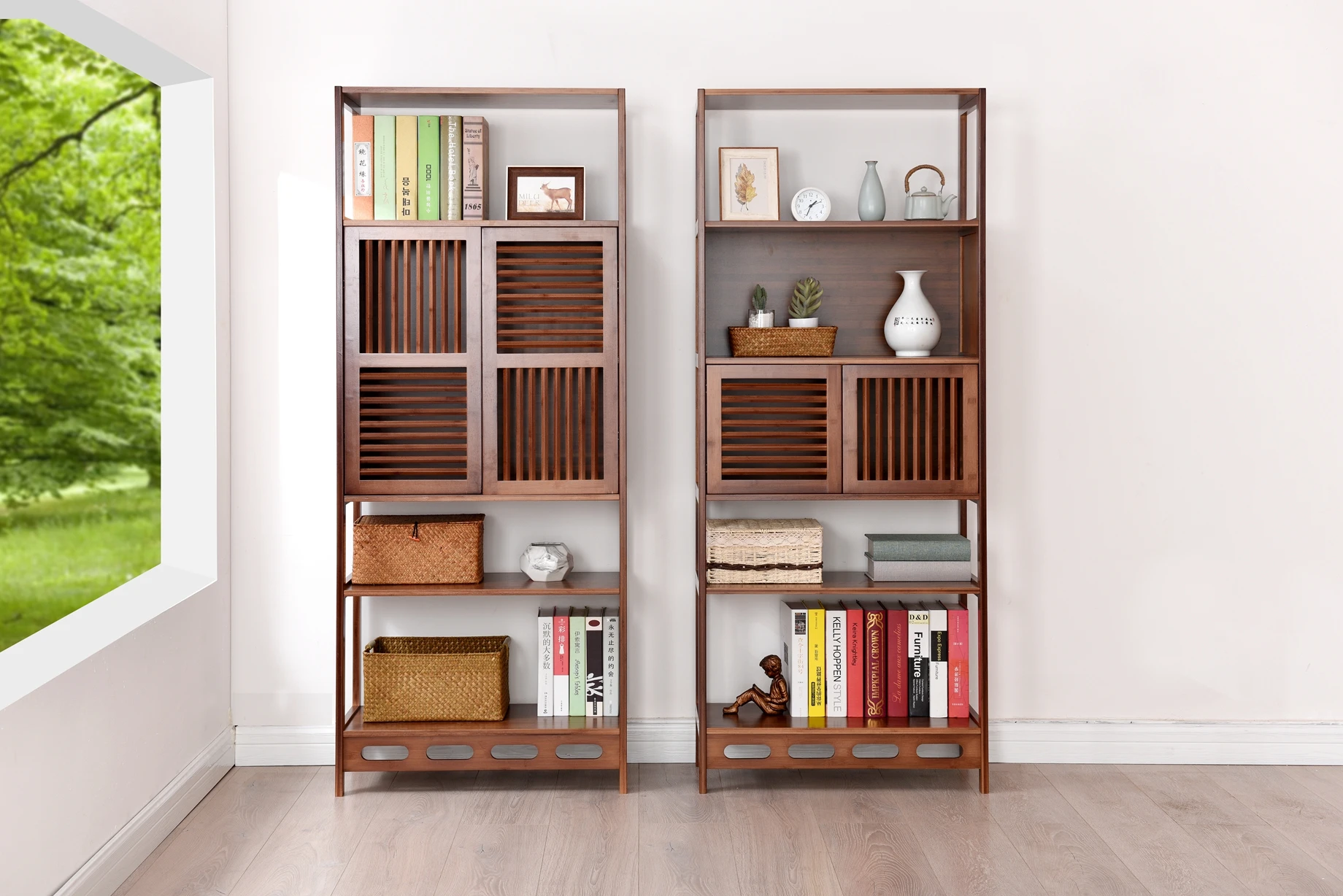 Modern Wooden Bamboo Book Shelf With Doors Bamboo Storage Rack For