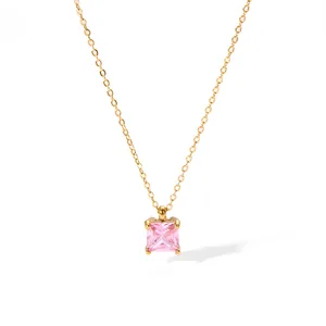 18K Gold PVD Stainless Steel Waterproof Necklace Link Chain Cute Style Square Zircon Pendant featuring Diamond Cubic Zirconia