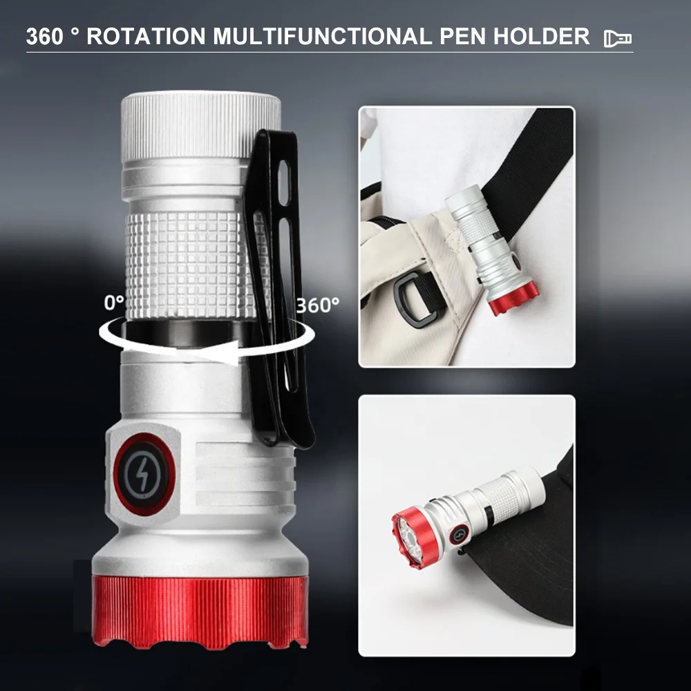 Portable Rechargeable EDC Small Flashlight 7pcs LED Waterproof Tactical Camping Torch Light with Magnet Aluminum Alloy Lamp Body