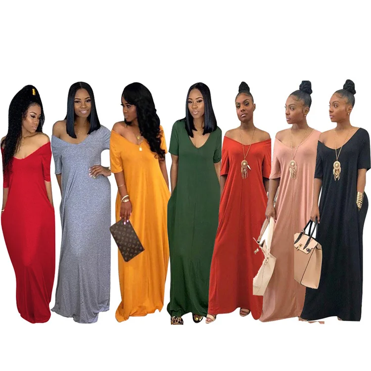 Free Sample Drop Shipping Sexy Fashion Solid Color V Neck Woman Solid Casual Loose Long Maxi Dress