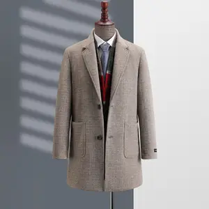 High Quality Wool Plaid Plus Size Trench Coat Men Wool Long-sleeve Plush Peacoat Men Wool Coat