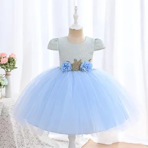 Summer Children's Custom Party Princess Dress Two Waist Flower Design Jacquard Layered Mesh Breathable Eco-Friendly Fluffy Girls