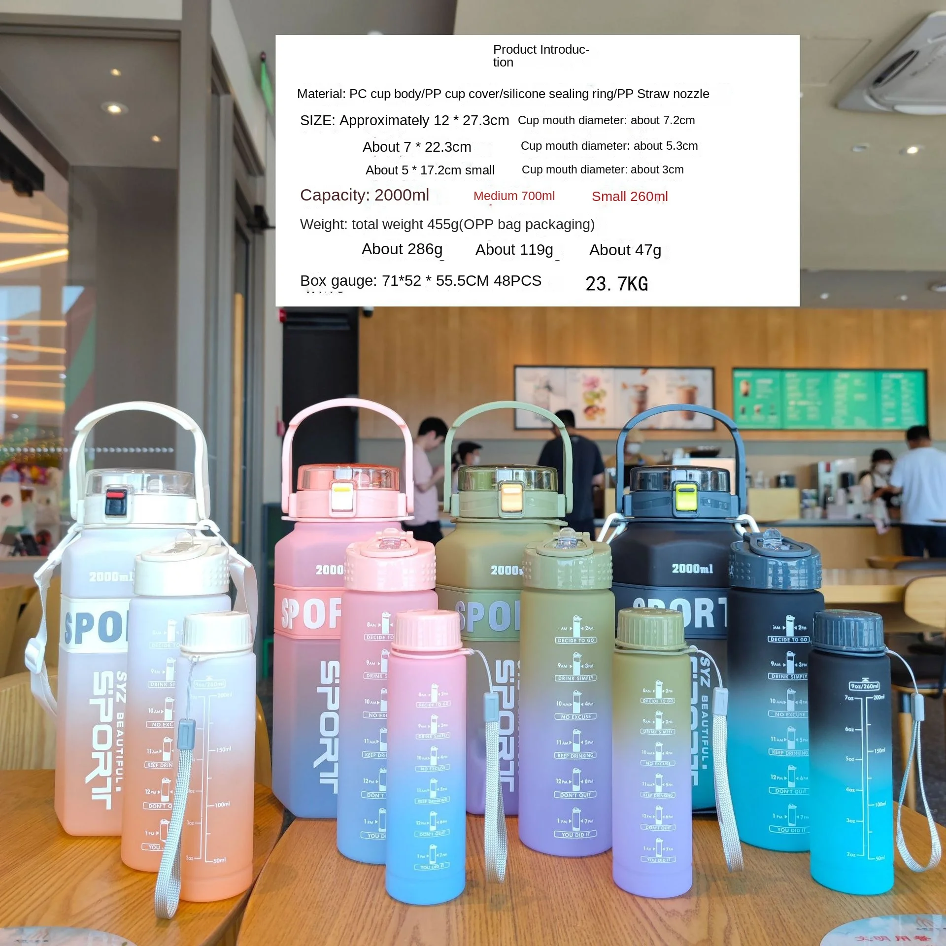 Gradient Color 3 Pcs Water Bottle Set BPA Free Plastic Water Bottle