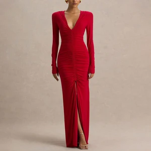 ZYHT 74125 Women Elegant Classy Knitted Stretchy Dresses V Neck Long Sleeve Ruched Flowy Maxi Red Evening Dress for Ladies