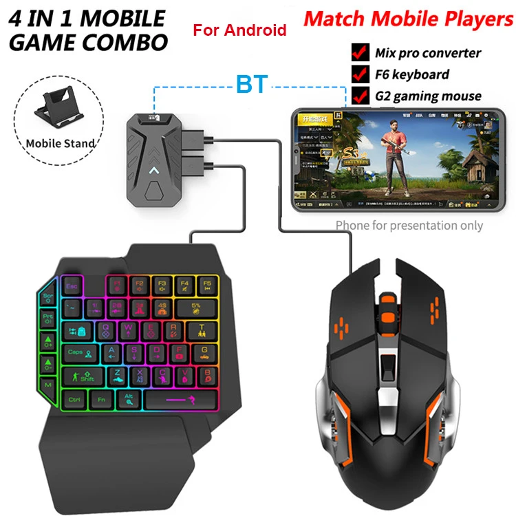 Games Playing Converter 4 in 1 Game Combo Kit for Mobile Phone with F6 One Hand Keyboard and G2 Mouse