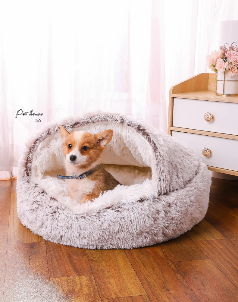 Dog Cat Bed House For Sleep Half Enclosed Pet Nest Warm Plush Kennel