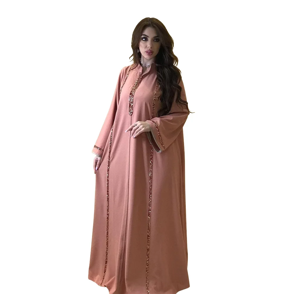 Dubai Middle East Simple Modest Kaftan Eid Jalabiya Women Muslim Dress Fashion Solid Diamonds Moroccan Caftan for Woman