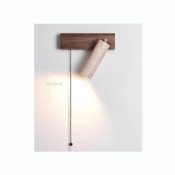 B3680 Natural Travertine marble stone pull-switch wall lights Walnut base contemporary modern simple style wall lamps.