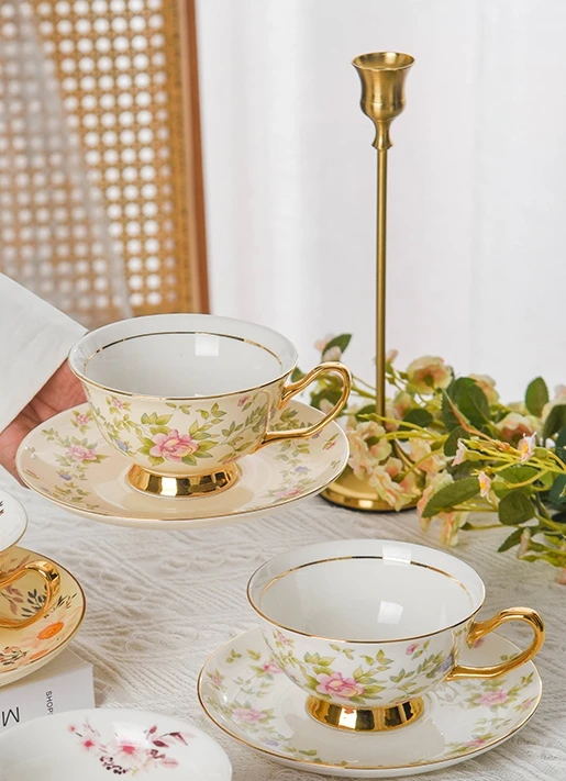 Flower Style Tea Cups Set Luxury Golden Porcelain Tea Cup And Saucer