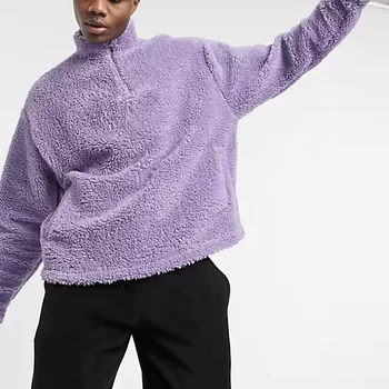 Custom mens quarter zip pullover sweatshirt in dusty purple teddy men fluffy polyester oversize fleece sherpa pullover mens
