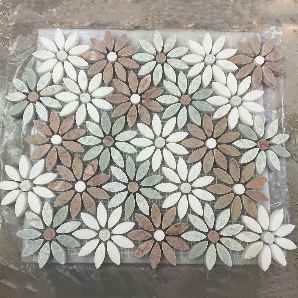 Wonderful Flower Stone Mosaic Art Design for Kitchen Pool Living Room and Interior Wall Decor Resin and Marble Material Tile