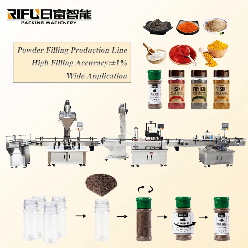 Automatic Seasoning Powder Filling Capping Labeling Production Line Flavoring Powder Bottle Filling Line for Spice Ground Pepper