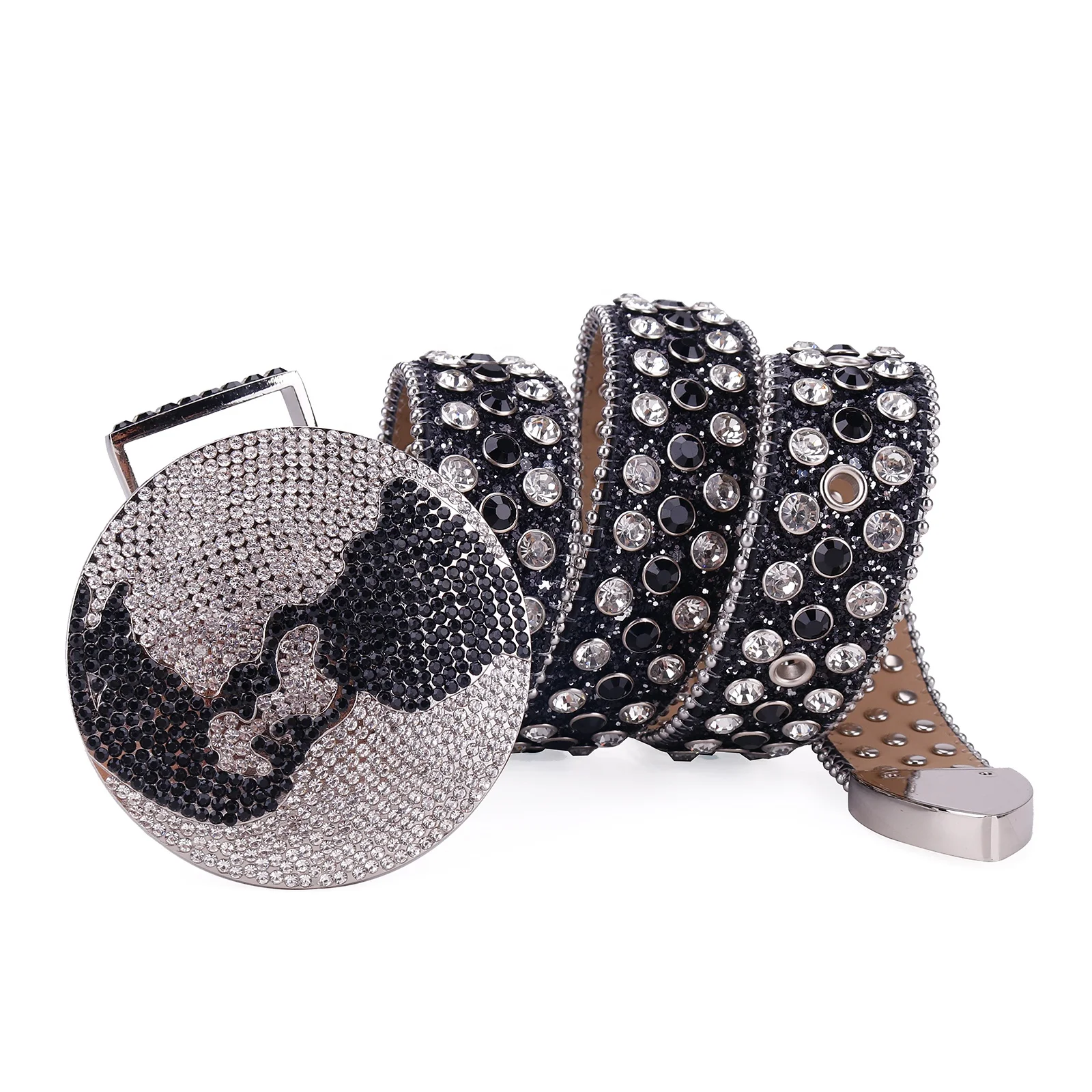 Custom Logo Western Rhinestone Crystal Belt for Men Designer Globe Buckle Bling Diamond Strap Jeans