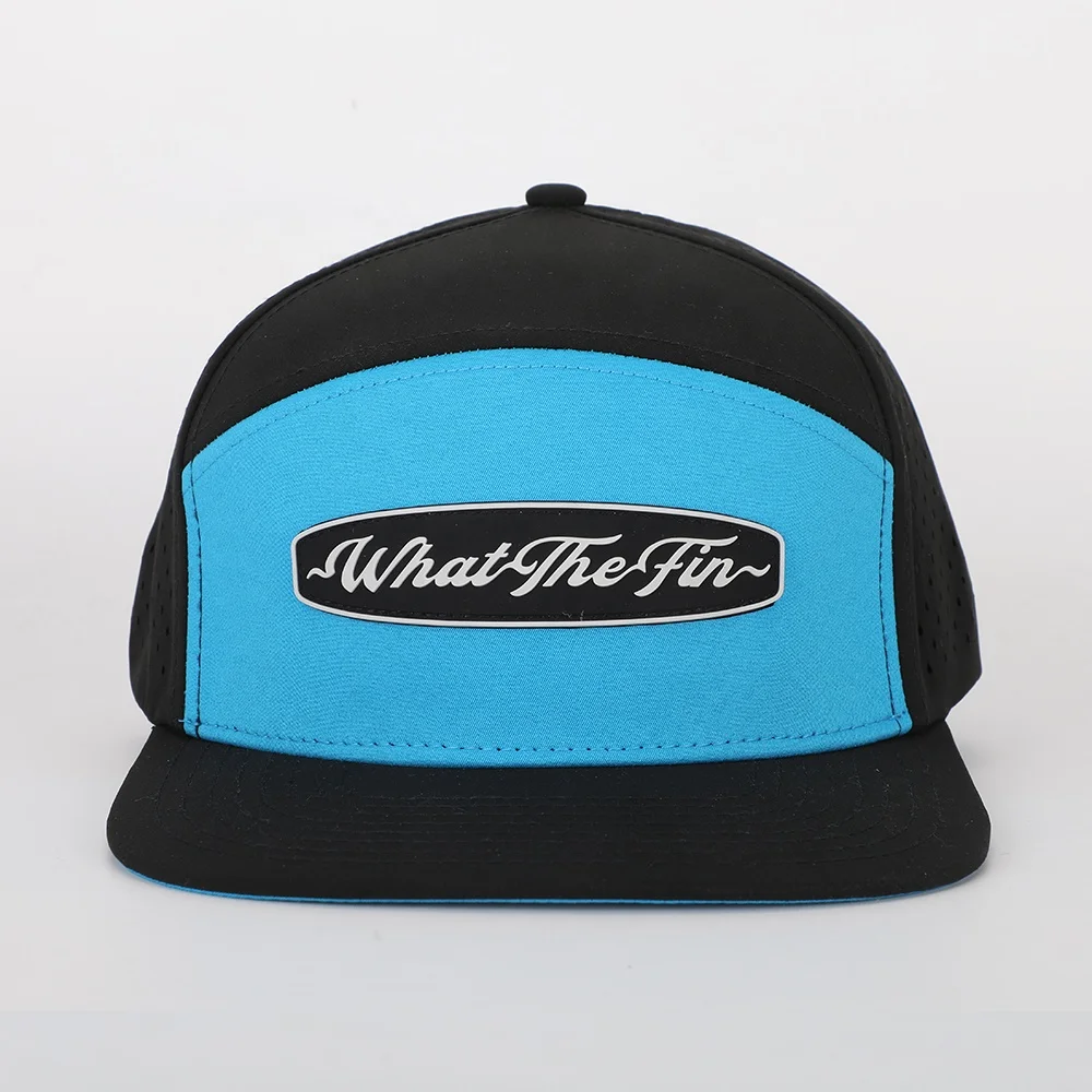 BSCI Oem Custom High Quality 6 Panel Flat Bill PVC Patch Logo Sport Snapback Cap Waterproof Laser Cut Hole Perforated Hat