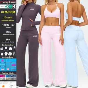 Custom Fabric Style Color Logo Quick Dry Flare Pants Sports Clothes Suit Women Outdoor Long Sleeved Jacket Three-Piece Yoga Set