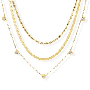 MW Luxury 18K Gold Stainless Steel Necklaces Snake Chain Stackable Three-layer Heart-Shaped CZ Zirconia Charm Layered Necklace
