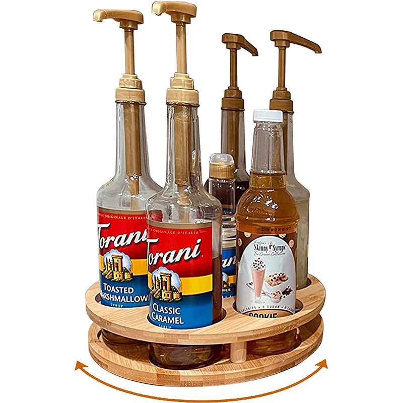 Bamboo Rotating Coffee Syrup Rack Countertop Bottles Rack Organizer Lazy Susan Syrup Serving Station for Kitchen