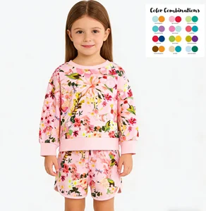 Wholesale All Over Floral Print Cotton Fleece Sweatshirt Shorts Set Baby Kids Clothes Sets Tracksuit