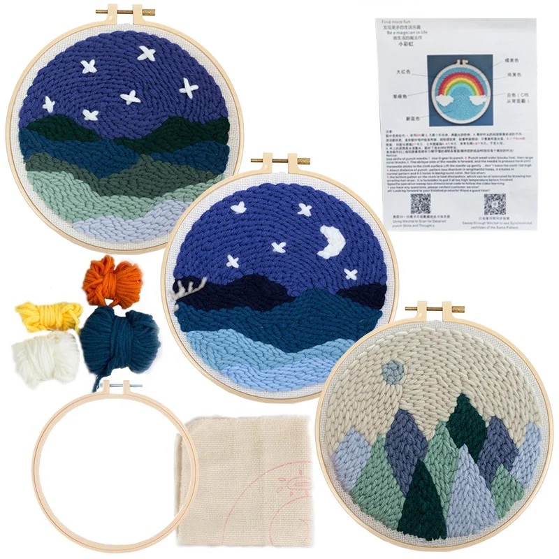 Amazon Hot Sale DIY Handmade Kits Punch Needle Cross Stitch Kit With Embroidery Threads Hoops Punch Needle Embroidery Kit